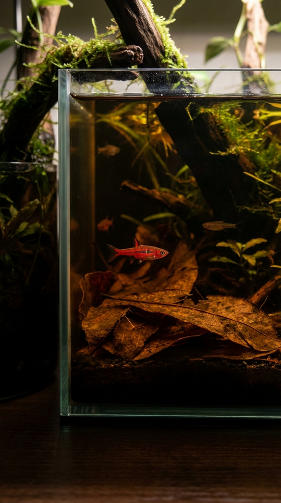 Vibrant Red Fish in a Blackwater Aquarium