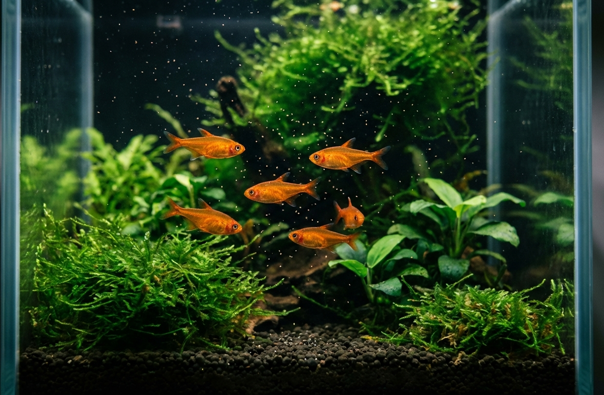 School of Ember Tetras in a Lush Aquascape