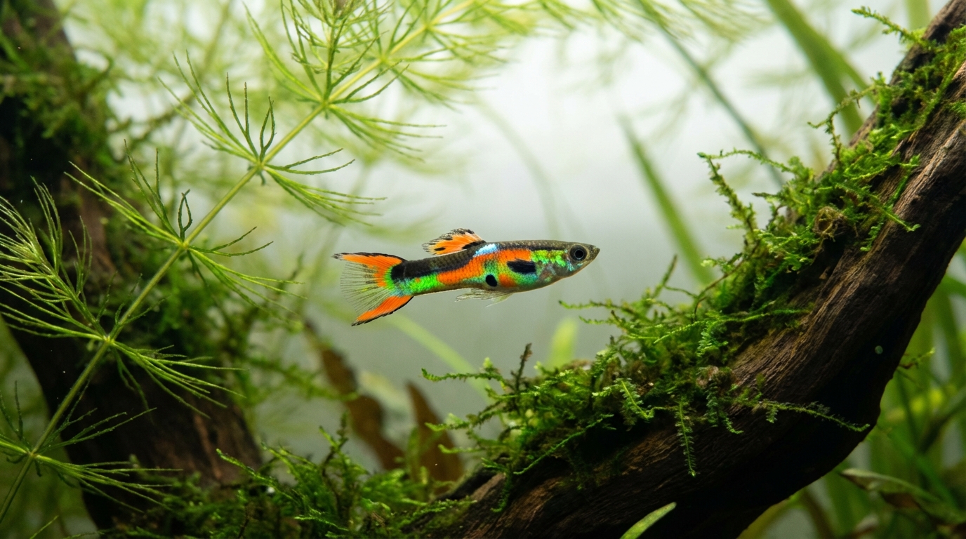 Vibrant Male Guppy in a Lush Planted Aquarium