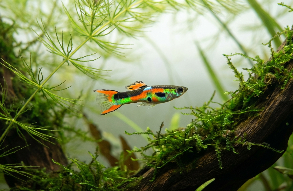 Vibrant Male Guppy in a Lush Planted Aquarium