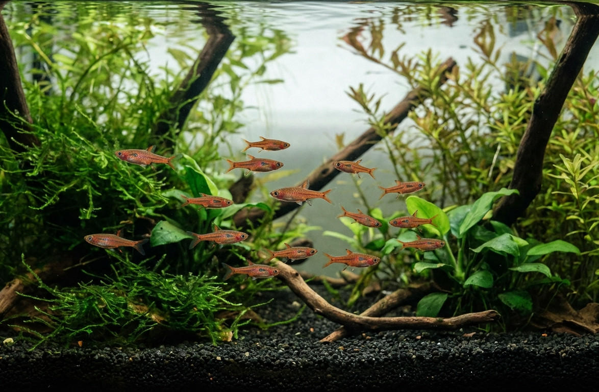 School of Chili Rasboras in a Planted Aquarium