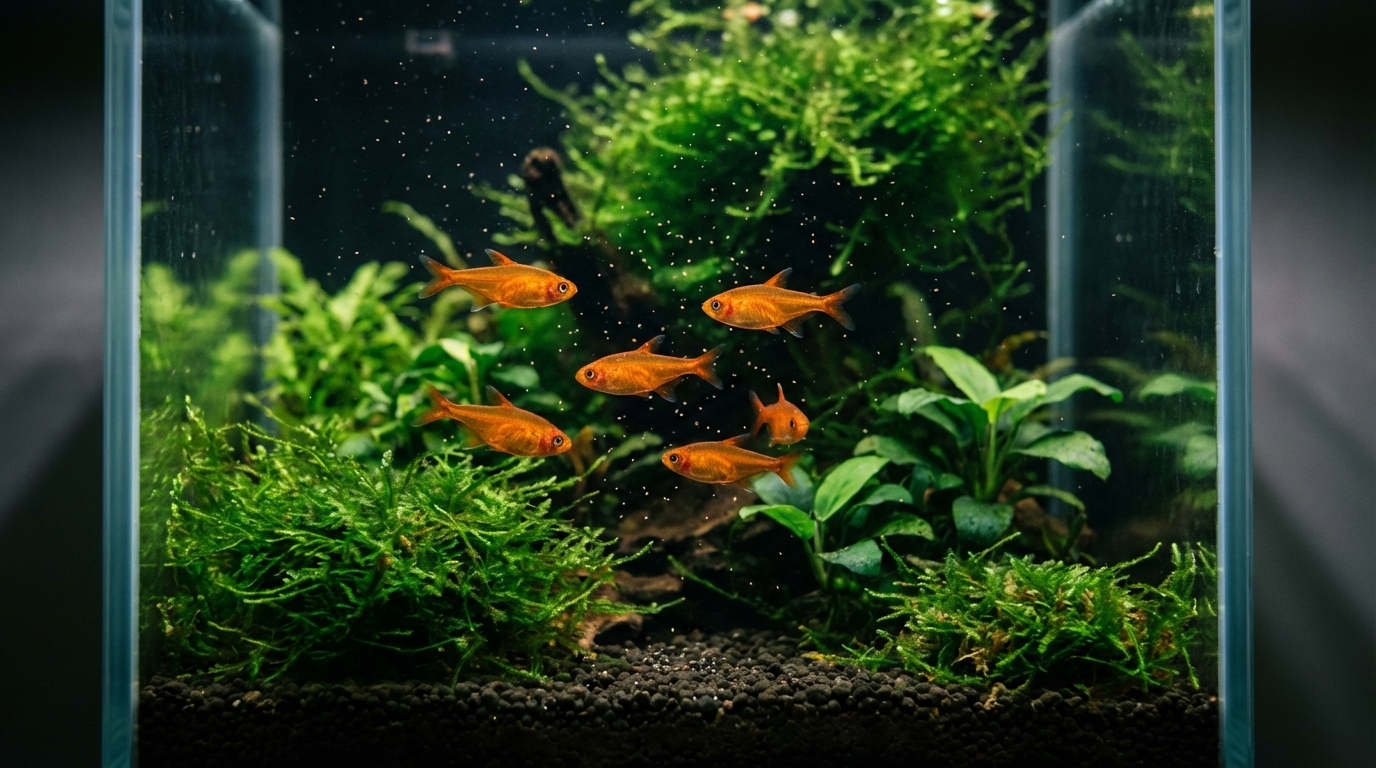School of Ember Tetras in a Lush Aquascape
