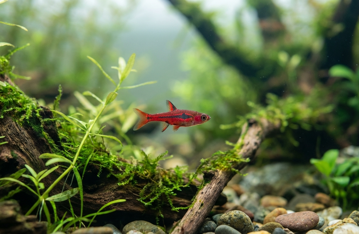 Vibrant Red Fish in a Planted Aquarium